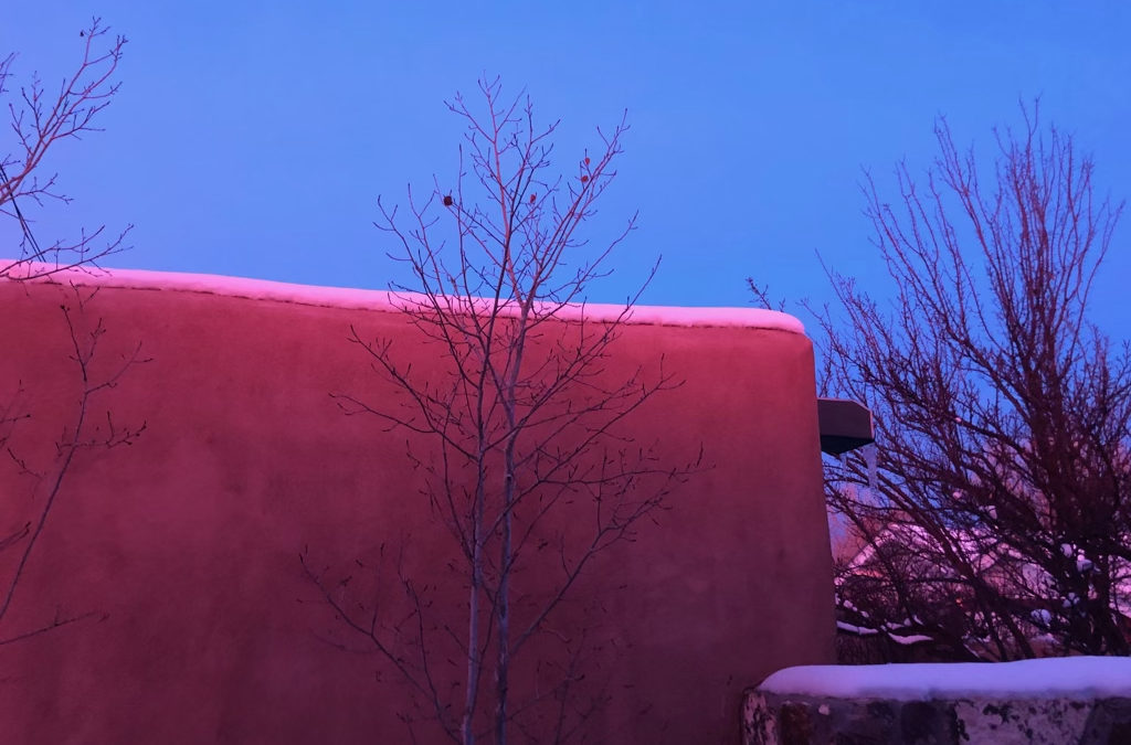 New Mexico, surrealism, morning light, adobe, winter sky, aspens, walls, snow